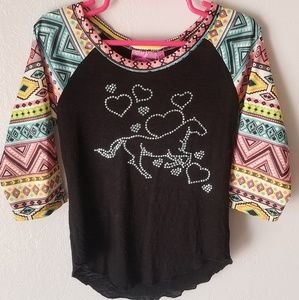 Girls Western Blouse Rhinestones Horse Hearts